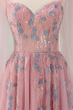 Fairy Pink Sequin Appliques A Line Tulle Maxi Dress with Lace-up Back