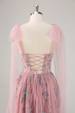 Fairy Pink Sequin Appliques A Line Tulle Maxi Dress with Lace-up Back