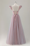 Grey Pink Sequin Appliques Puff Sleeves A Line Tulle Maxi Dress