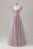 Grey Pink Sequin Appliques Puff Sleeves A Line Tulle Maxi Dress