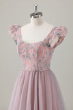 Grey Pink Sequin Appliques Puff Sleeves A Line Tulle Maxi Dress