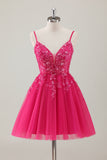 A Line Tulle Fuchsia Floral Sequin Homecoming Dress