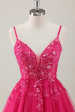 A Line Tulle Fuchsia Floral Sequin Homecoming Dress