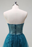 Sparkly Peacock Blue Strapless Corset Prom Dress with Detachable Tulle