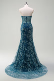 Sparkly Peacock Blue Strapless Corset Prom Dress with Detachable Tulle