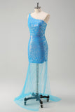 Blue One Shoulder Sequined Tight Prom Dress