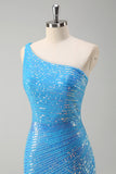 Blue One Shoulder Sequined Tight Prom Dress