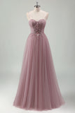 Grey Purple A Line Tulle Prom Dress with Appliques