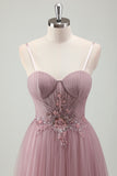 Grey Purple A Line Tulle Prom Dress with Appliques