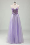 Purple Tulle A Line Lace-up Back Prom Dress with Appliques