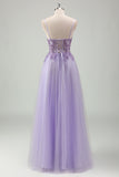 Purple Tulle A Line Lace-up Back Prom Dress with Appliques