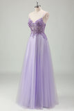 Purple Tulle A Line Lace-up Back Prom Dress with Appliques