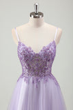 Purple Tulle A Line Lace-up Back Prom Dress with Appliques