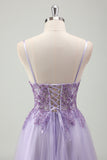 Purple Tulle A Line Lace-up Back Prom Dress with Appliques