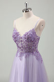 Purple Tulle A Line Lace-up Back Prom Dress with Appliques