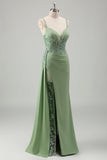 Light Green Ruched Corset Appliques Mermaid Prom Dress with Slit