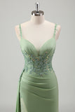 Light Green Ruched Corset Appliques Mermaid Prom Dress with Slit