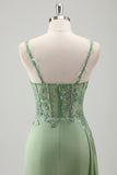 Light Green Ruched Corset Appliques Mermaid Prom Dress with Slit