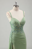 Light Green Ruched Corset Appliques Mermaid Prom Dress with Slit