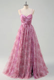 Pinkish Purple A-Line Floral Spaghetti Straps Long Prom Dress with Slit