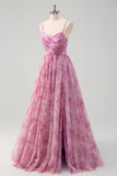 Pinkish Purple A-Line Floral Spaghetti Straps Long Prom Dress with Slit