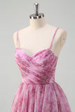 Pinkish Purple A-Line Floral Spaghetti Straps Long Prom Dress with Slit