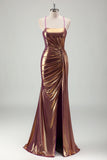 Golden Metallic Hollow Out Ruched Mermaid Prom Dress with Slit