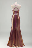 Golden Metallic Hollow Out Ruched Mermaid Prom Dress with Slit