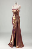 Golden Metallic Hollow Out Ruched Mermaid Prom Dress with Slit