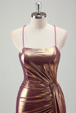 Golden Metallic Hollow Out Ruched Mermaid Prom Dress with Slit