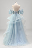 Princess Blue Sequined Tulle Prom Dress with Detachable Sleeves