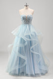 Princess Blue Sequined Tulle Prom Dress with Detachable Sleeves