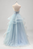 Princess Blue Sequined Tulle Prom Dress with Detachable Sleeves