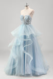 Princess Blue Sequined Tulle Prom Dress with Detachable Sleeves