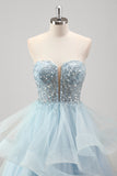 Princess Blue Sequined Tulle Prom Dress with Detachable Sleeves