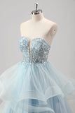 Princess Blue Sequined Tulle Prom Dress with Detachable Sleeves