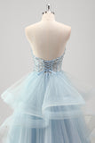 Princess Blue Sequined Tulle Prom Dress with Detachable Sleeves