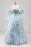 Princess Blue Sequined Tulle Prom Dress with Detachable Sleeves