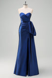 Dark Blue Sweetheart Satin Ruched Mermaid Prom Dress with Slit