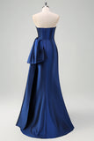 Dark Blue Sweetheart Satin Ruched Mermaid Prom Dress with Slit