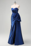 Dark Blue Sweetheart Satin Ruched Mermaid Prom Dress with Slit