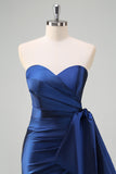 Dark Blue Sweetheart Satin Ruched Mermaid Prom Dress with Slit