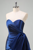 Dark Blue Sweetheart Satin Ruched Mermaid Prom Dress with Slit