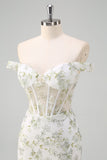 Light Green Floral Embroidery Corset Off the Shoulder Mermaid Prom Dress with Slit