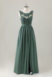 Eucalyptus Ruched Slit A Line Floor Length Dress with Appliques