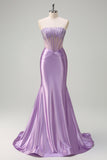 Beaded Lilac Corset Strapless Mermaid Satin Prom Dress