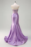 Beaded Lilac Corset Strapless Mermaid Satin Prom Dress