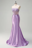 Beaded Lilac Corset Strapless Mermaid Satin Prom Dress