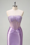 Beaded Lilac Corset Strapless Mermaid Satin Prom Dress