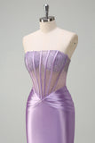 Beaded Lilac Corset Strapless Mermaid Satin Prom Dress